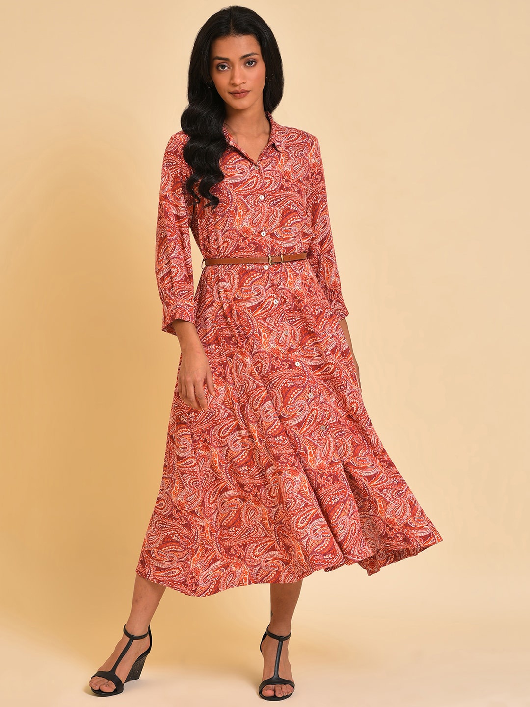 

W Red Ethnic Motif Printed Printed Shirt Midi Dress With Belt