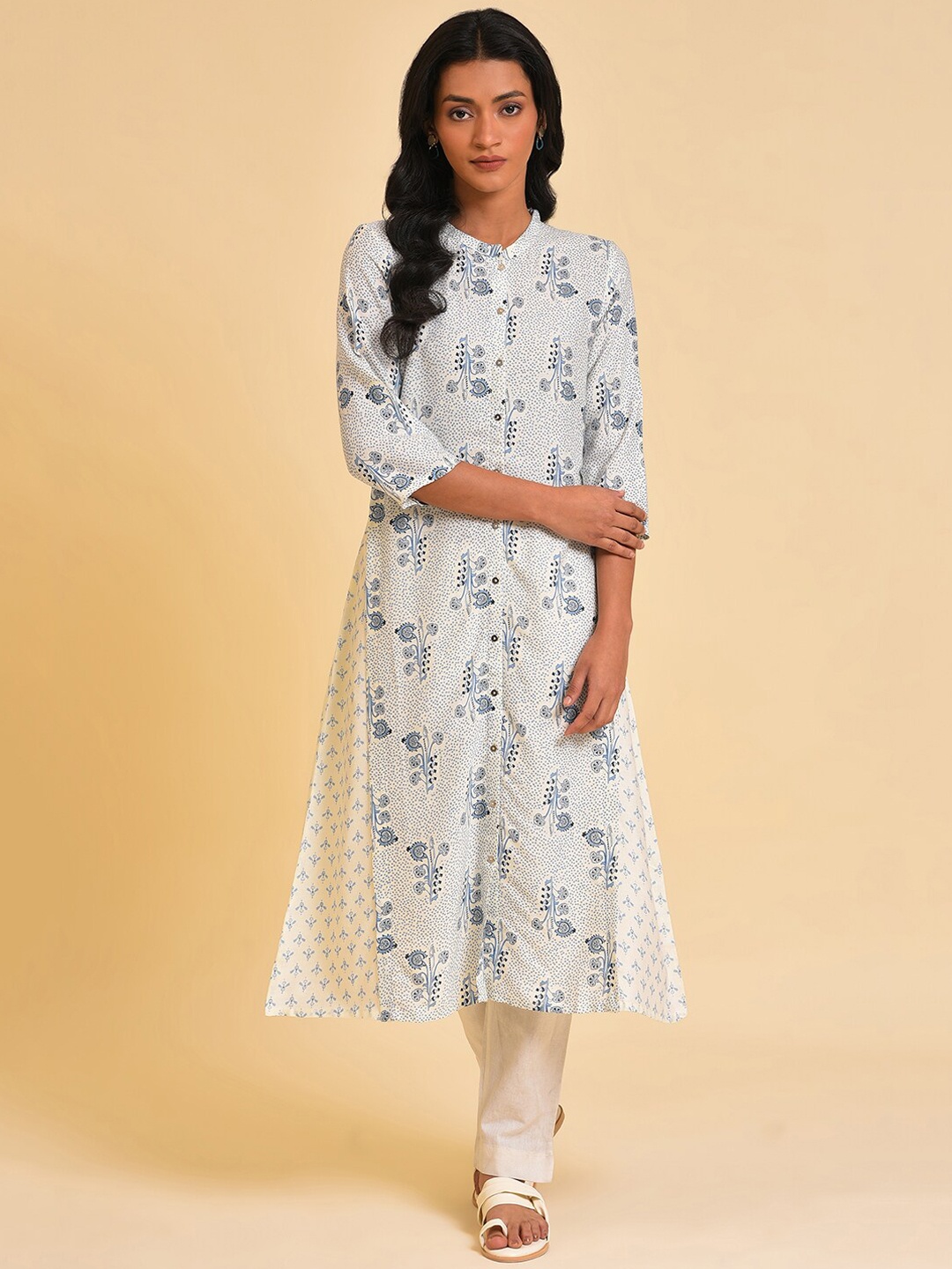 W White & Blue Ethnic Motifs Printed A-Line Kurta