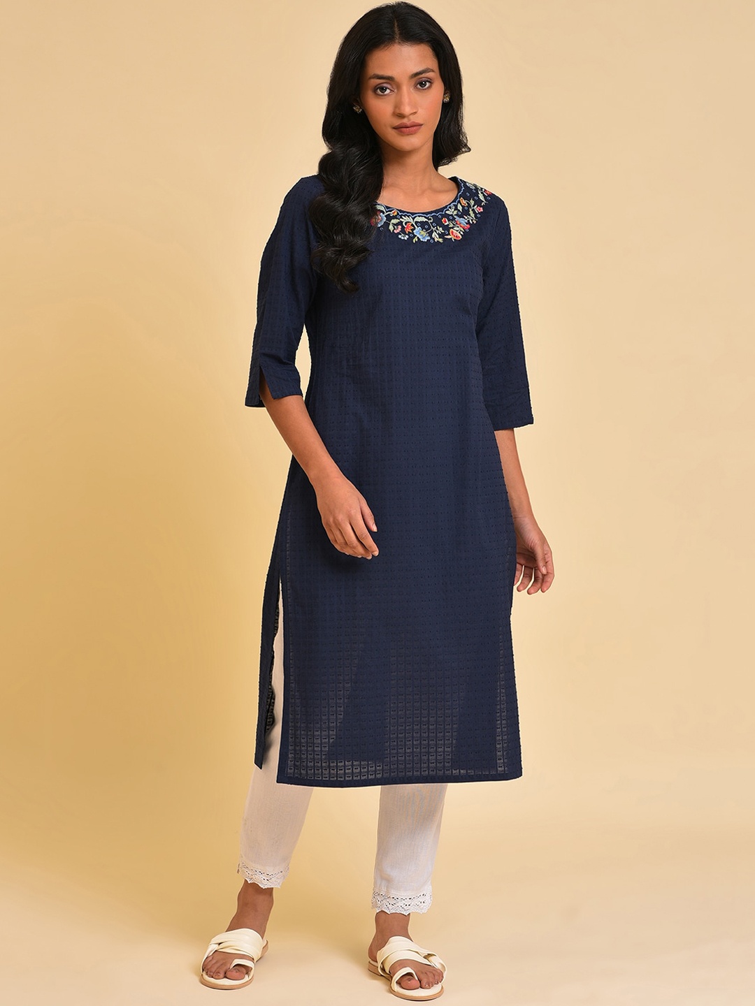 

W Checked Thread Work Straight Kurta, Navy blue
