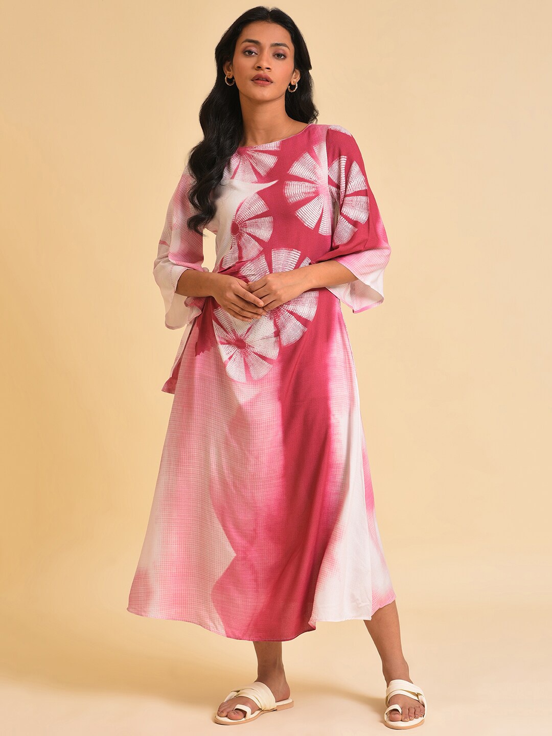 

W Pink Abstract Printed A-Line Midi Dress