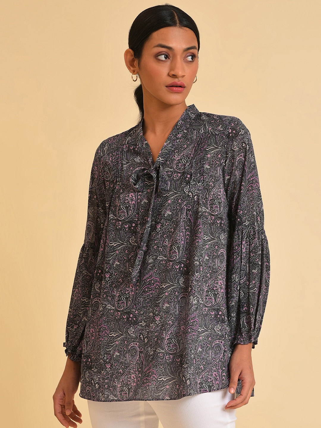 

W Black Floral Printed Tie-Up Neck Puff Sleeves Top