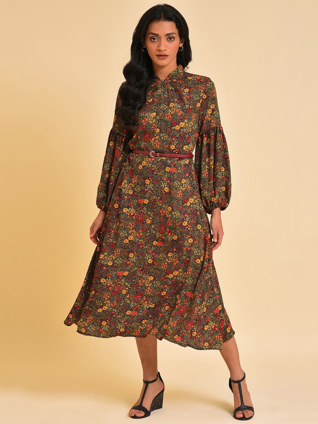 

W Black Floral Printed Puff Sleeve A-Line Midi Dress