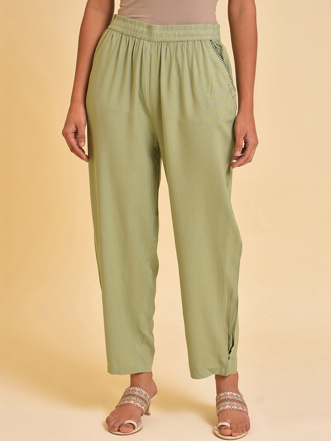 

W Women Green Mid Rise Parallel Trousers