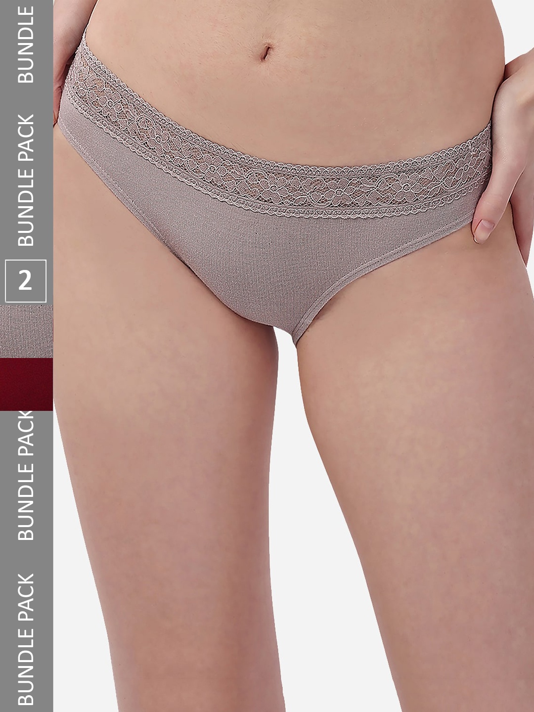 

Soie Pack of 2 Mid Rise Full Coverage Super Soft Micro Modal Lace Detailed Briefs, Maroon