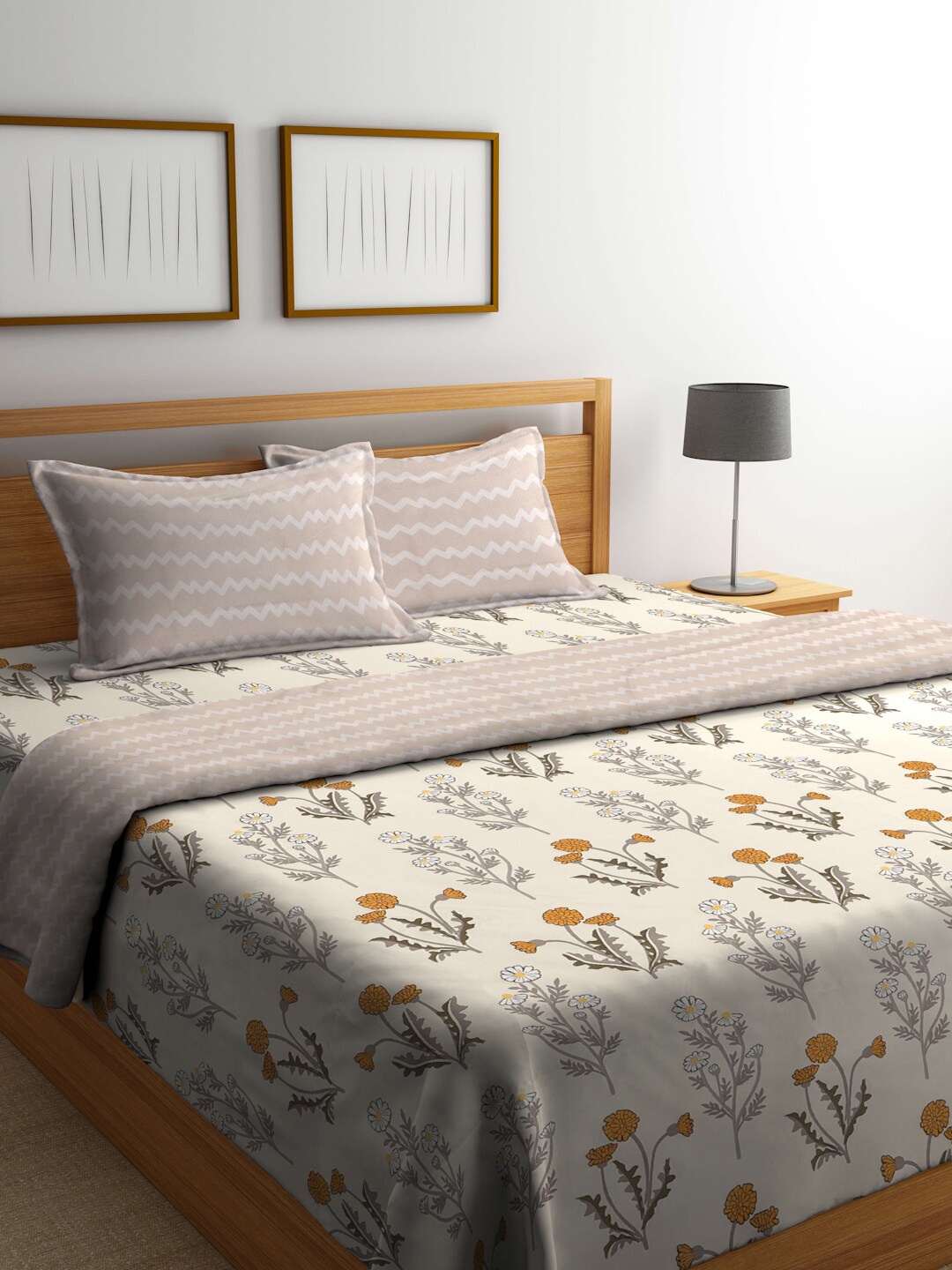 

Miaz Lifestyle White & Grey Floral Printed Pure Cotton Double King Bedding Set