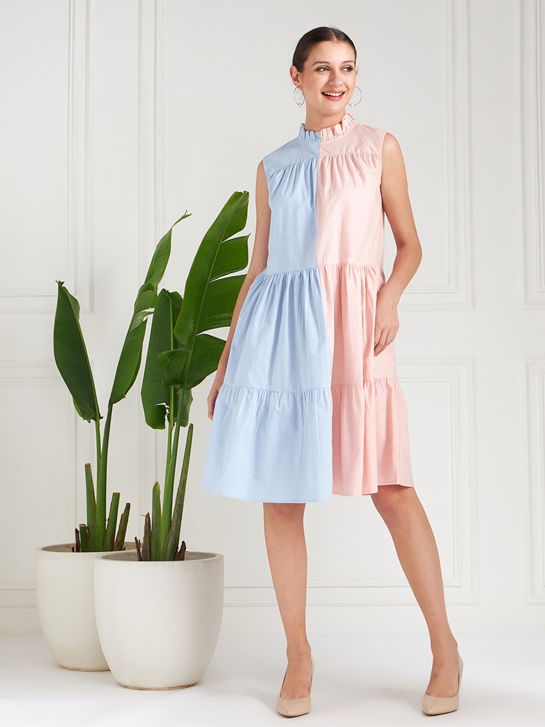 

Athena Immutable Blue Colorblocked Tiered A-Line Cotton Midi Dress