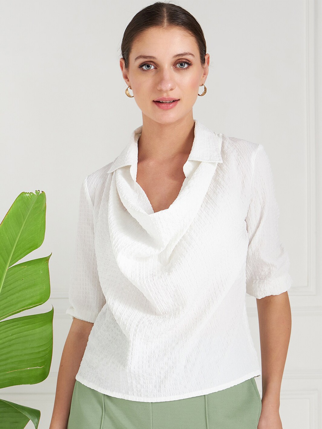 

Athena Immutable White Self Designed Cowl Neck Crepe Top