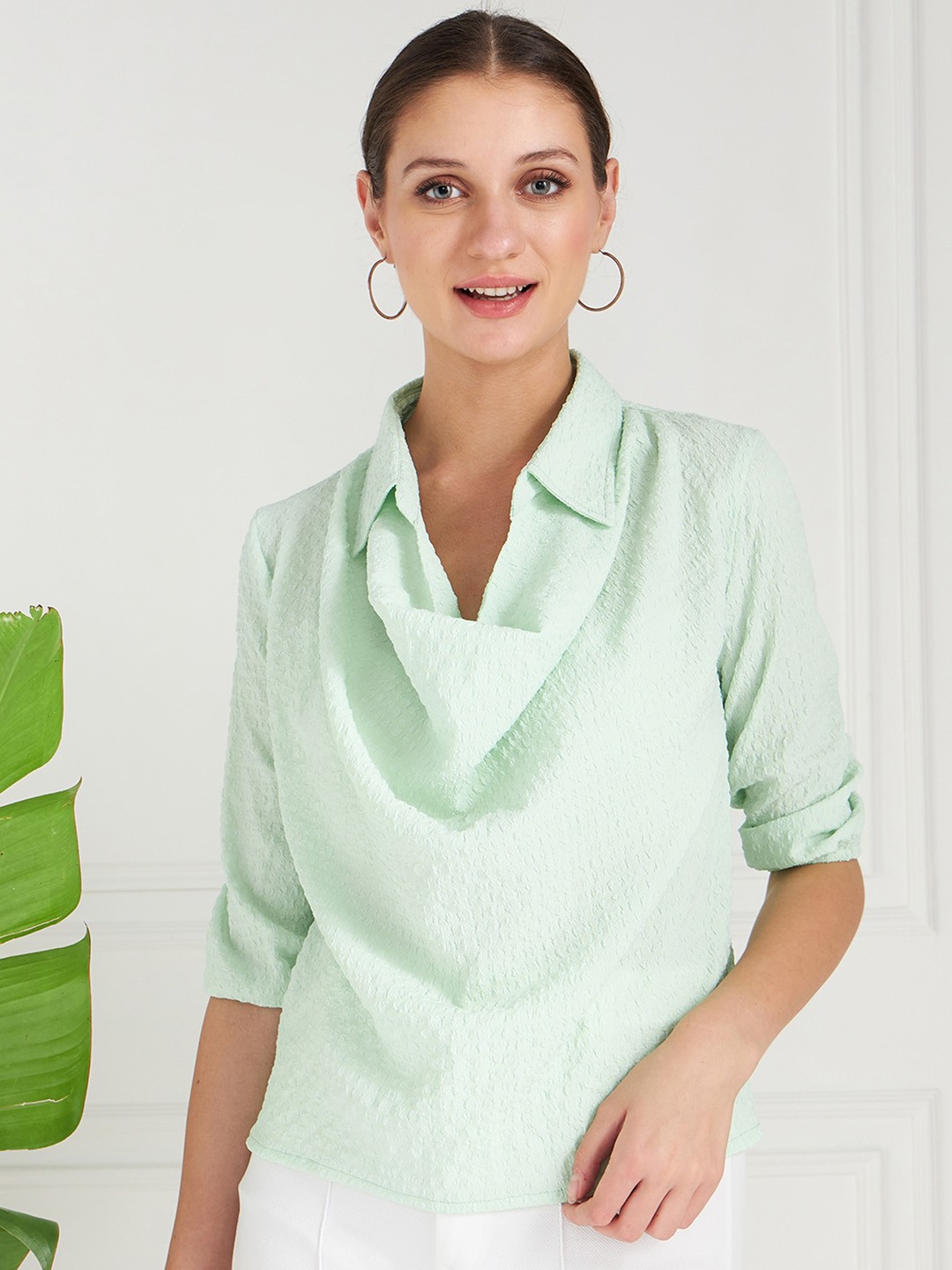 

Athena Immutable Green Self Design Shirt Style Cowl Top