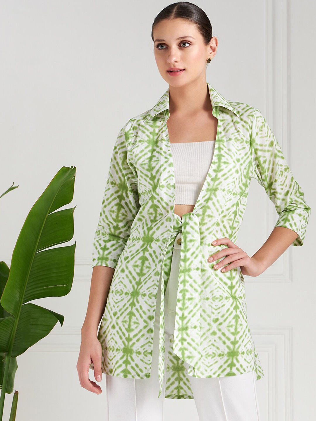 

Athena Immutable Women Printed Cotton Tie-Up Shrug, Green