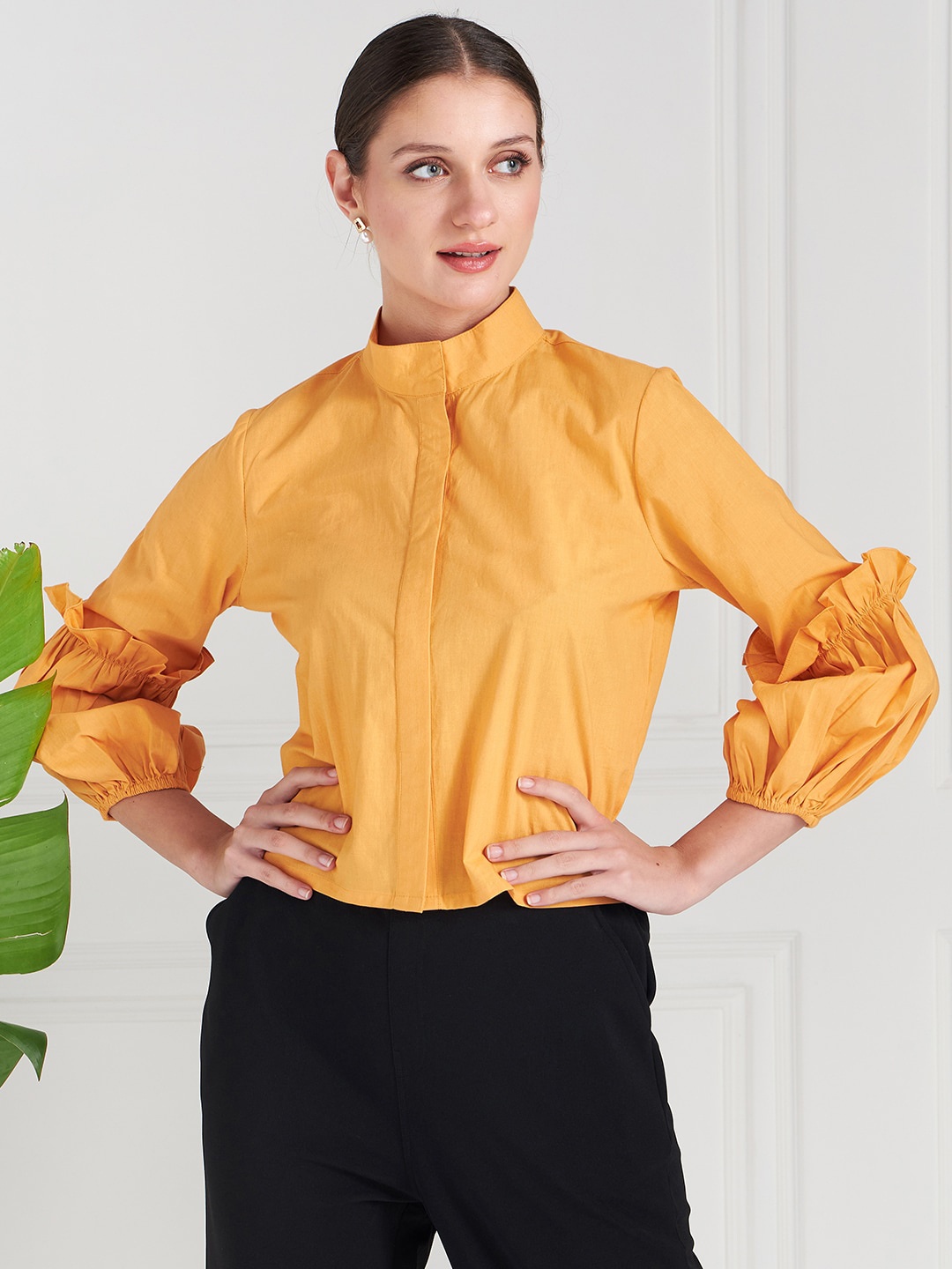 

Athena Immutable Orange Mandarin Collar Puff Sleeves Cotton Shirt Style Top