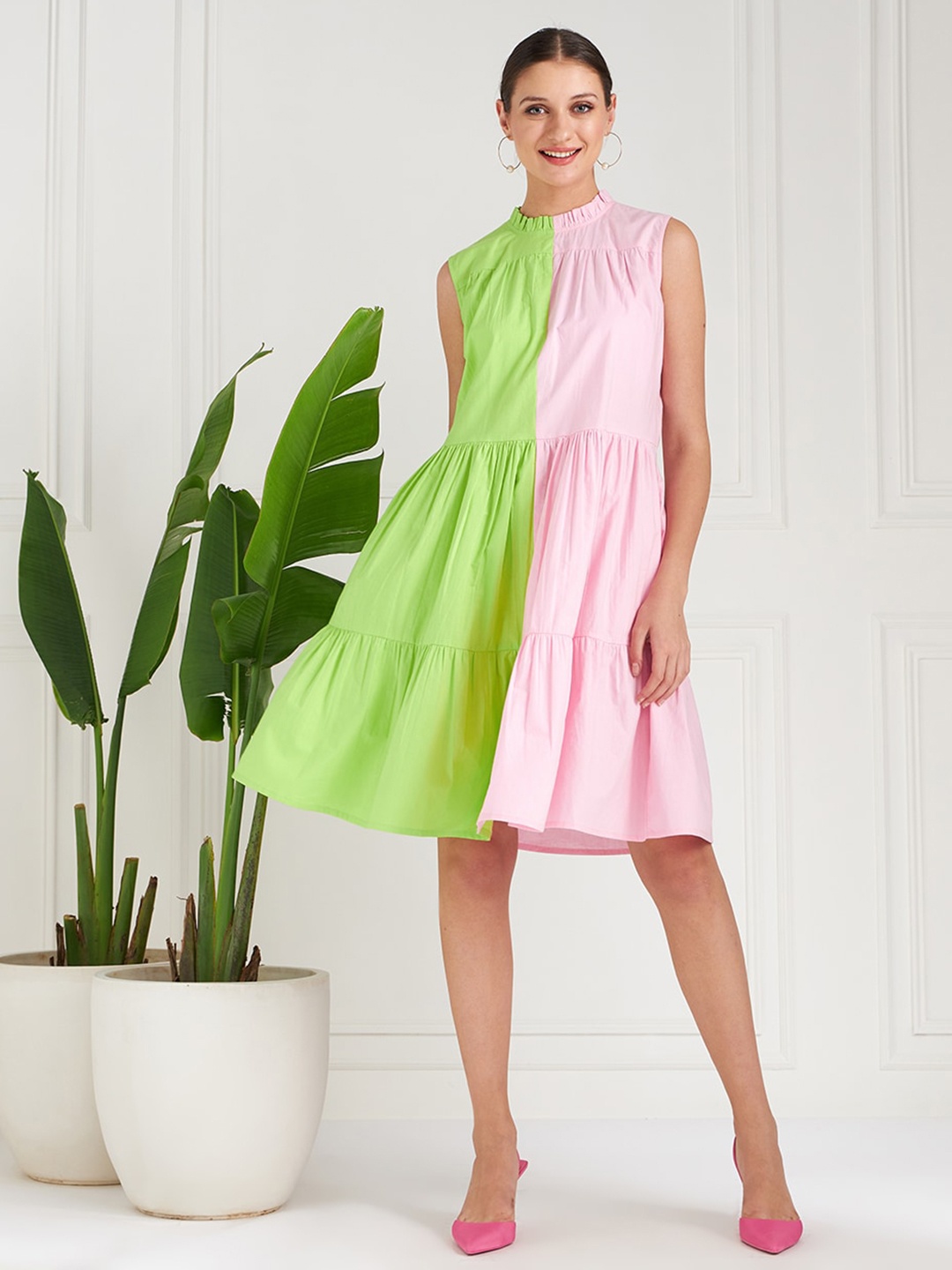 

Athena Immutable Green Colourblocked Tiered A-Line Cotton Dress