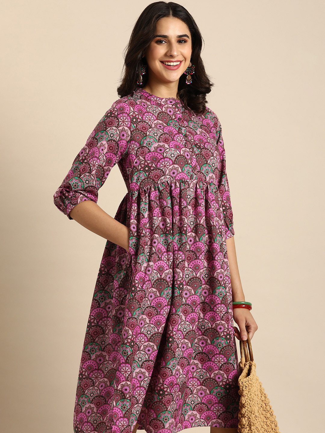 

Sangria Ethnic Motifs Print Empire Dress, Pink