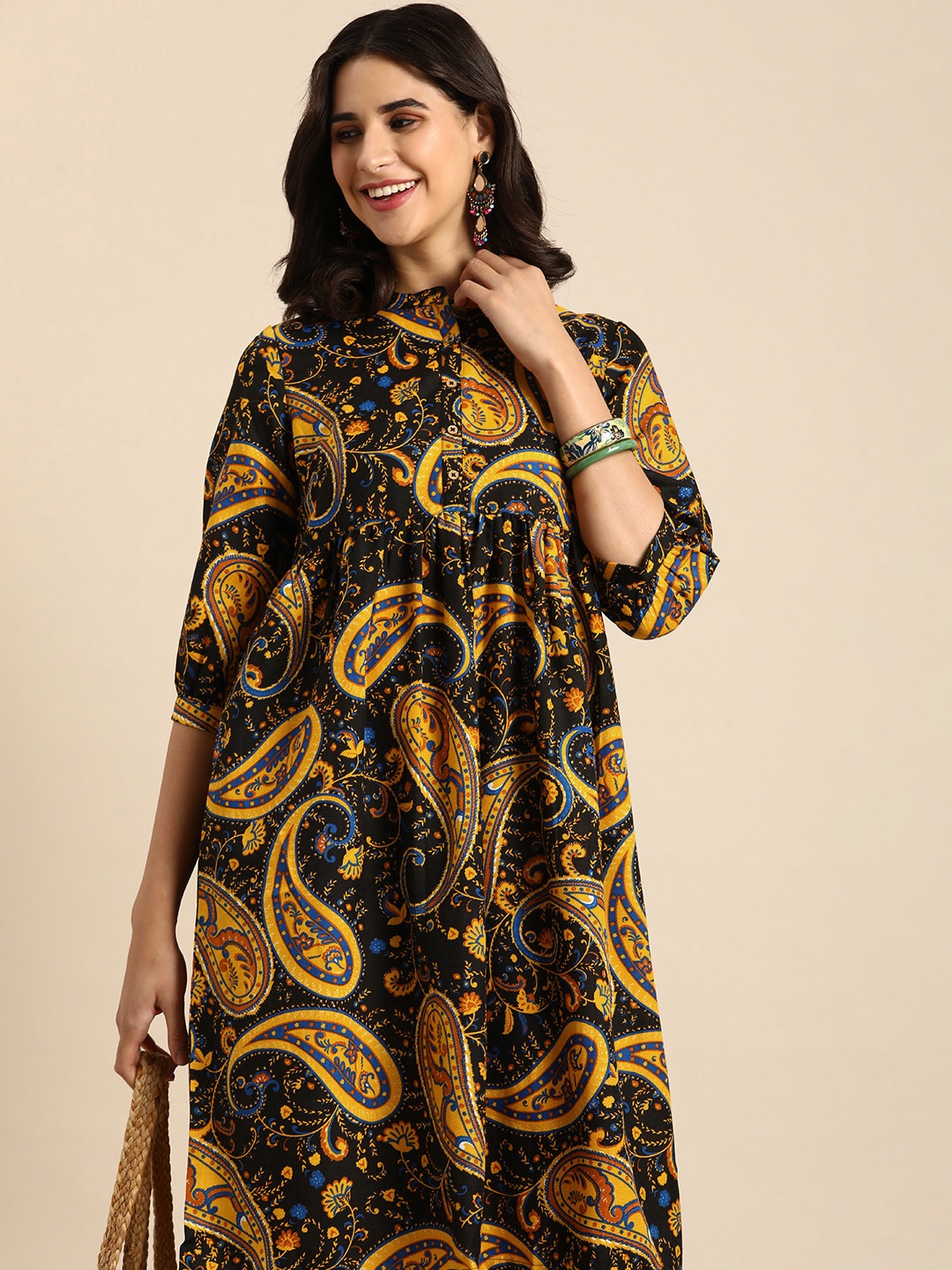 

Sangria Ethnic Motifs Print Empire Dress, Navy blue