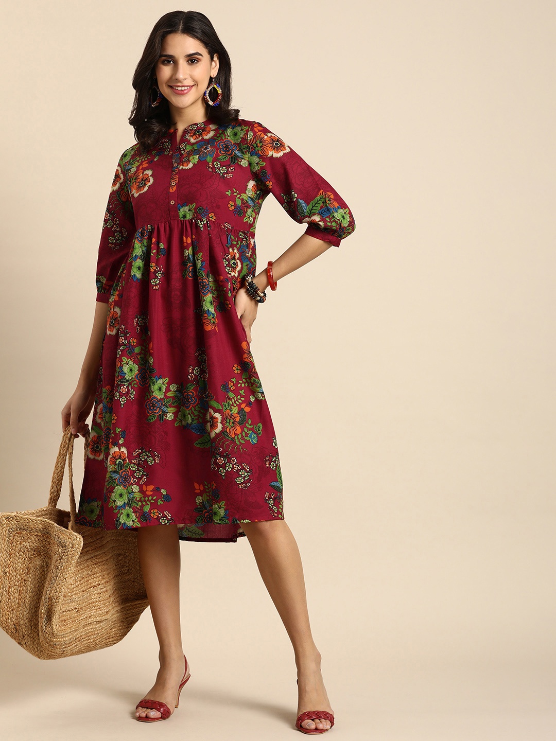 

Sangria Floral Print Empire Dress, Maroon