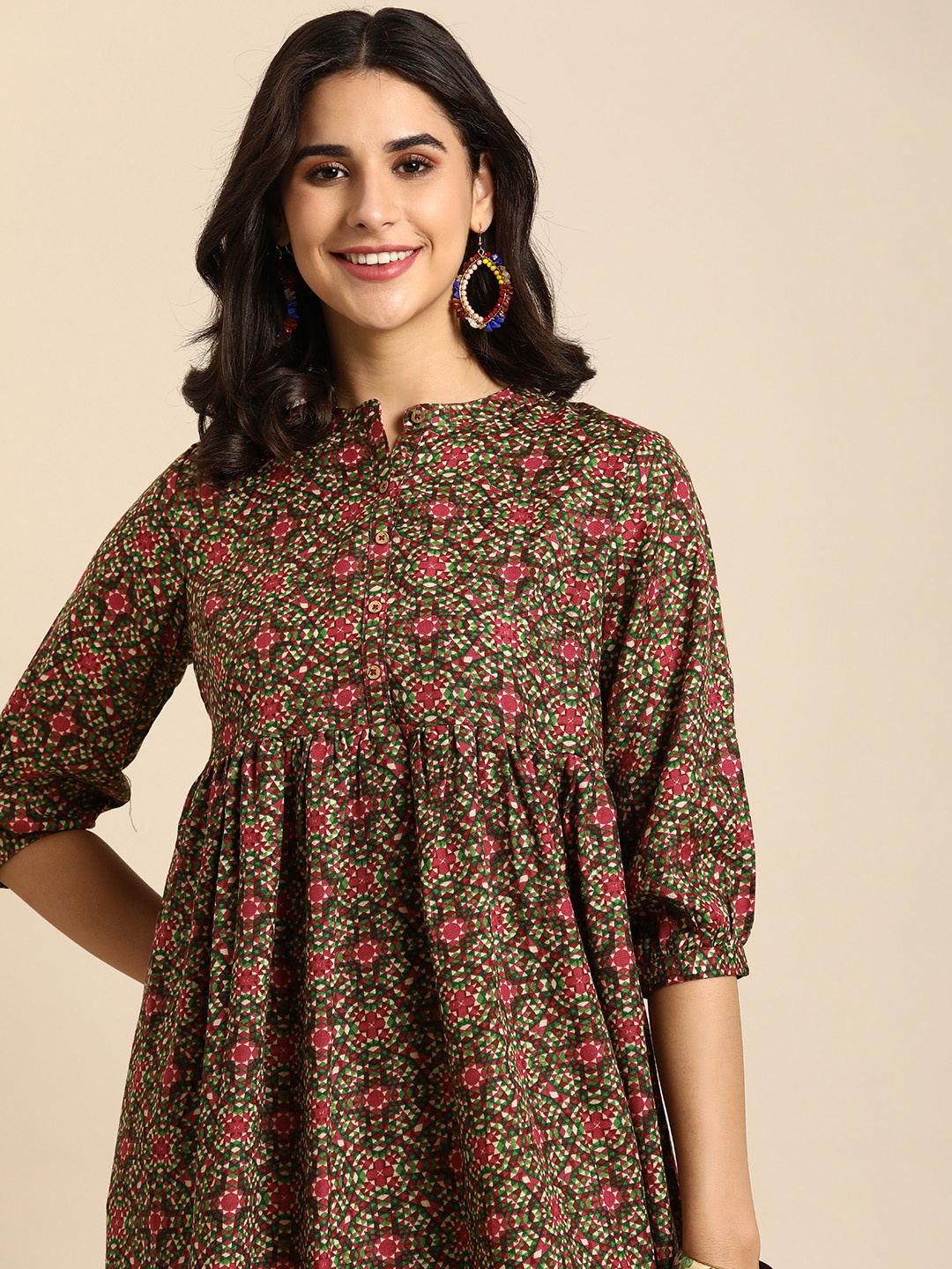 

Sangria Geometric Print Empire Dress, Multi