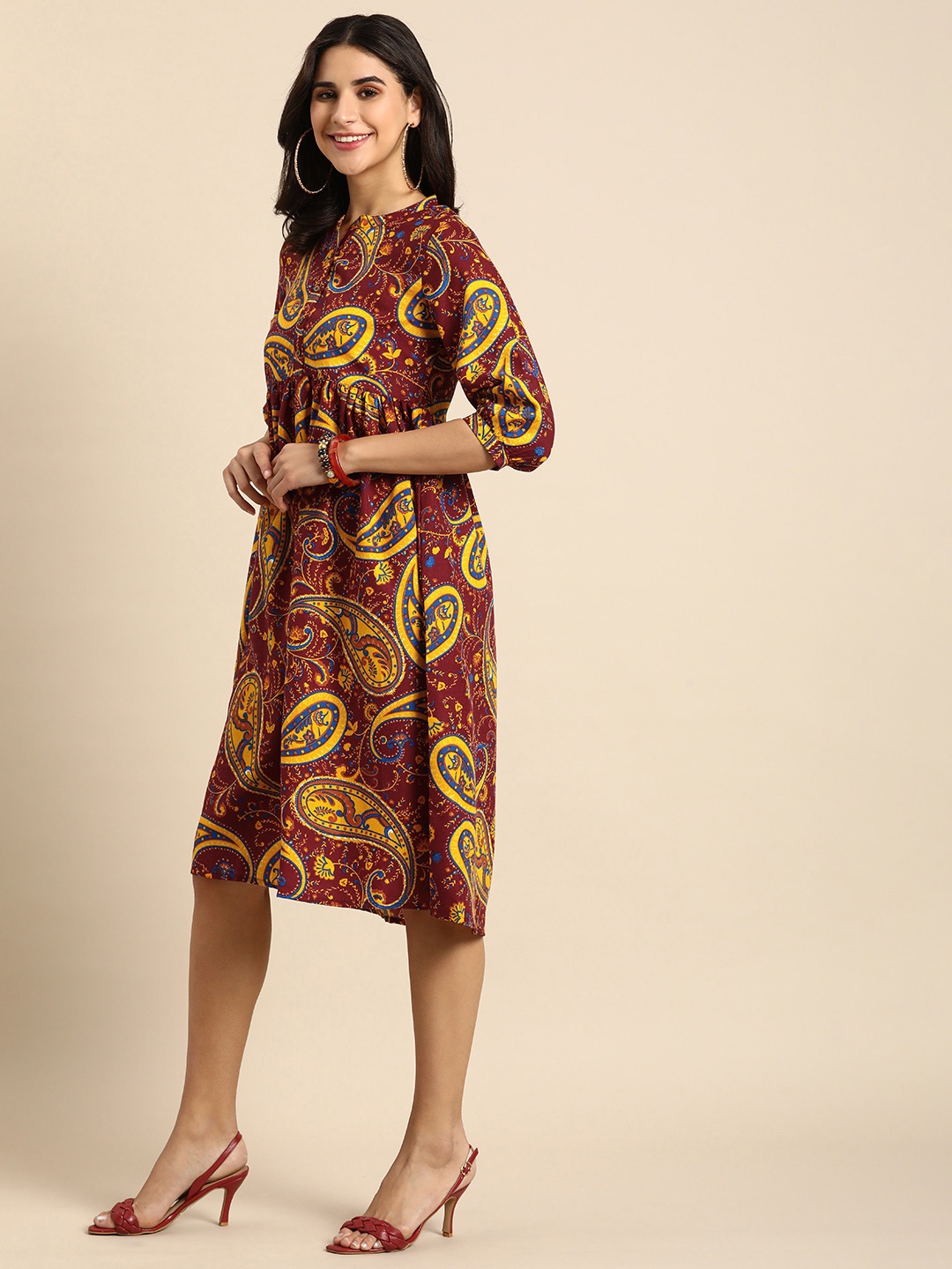 

Sangria Ethnic Motifs Print Empire Dress, Red