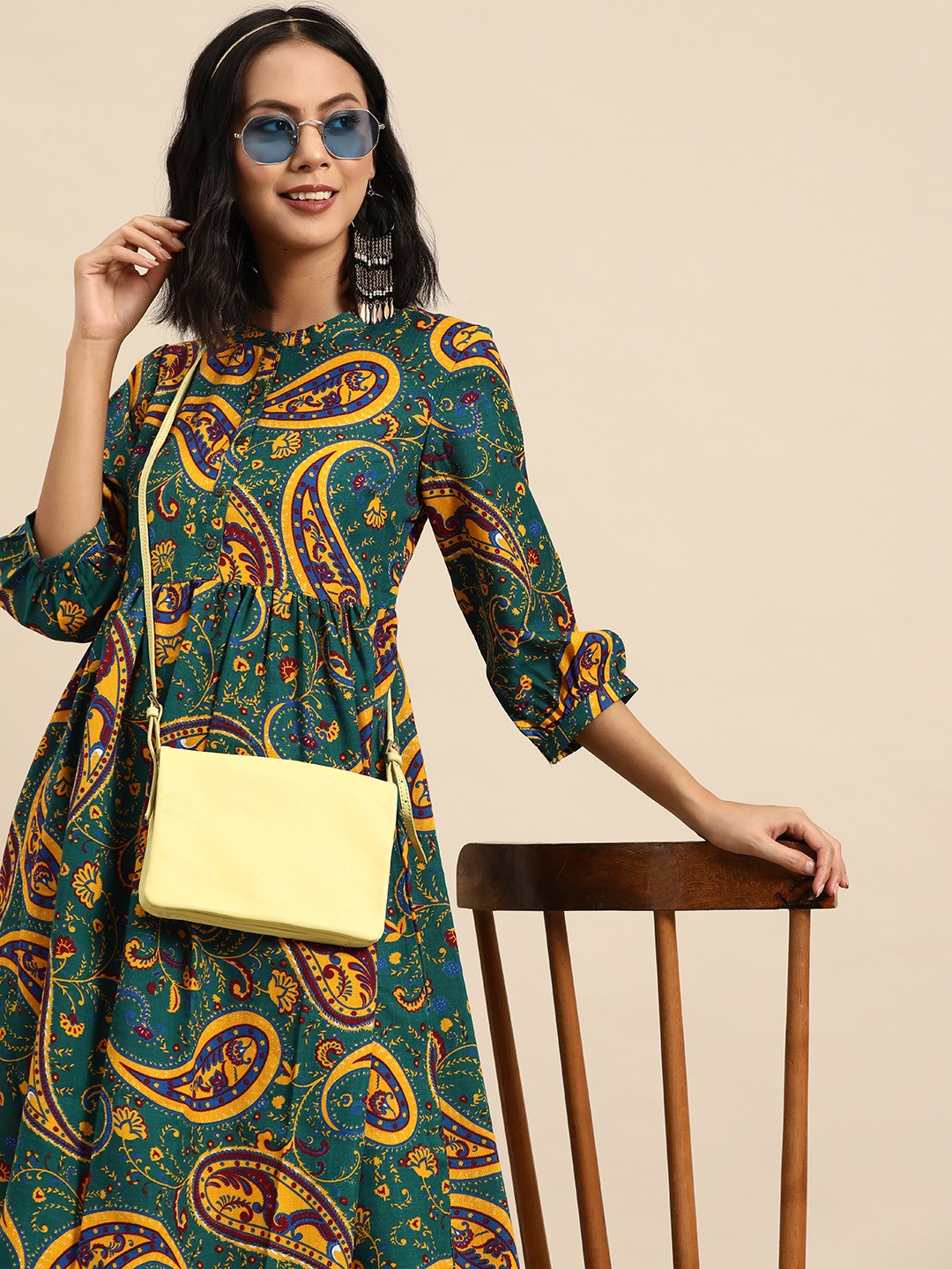 

Sangria Ethnic Motifs Printed Empire Dress, Multi