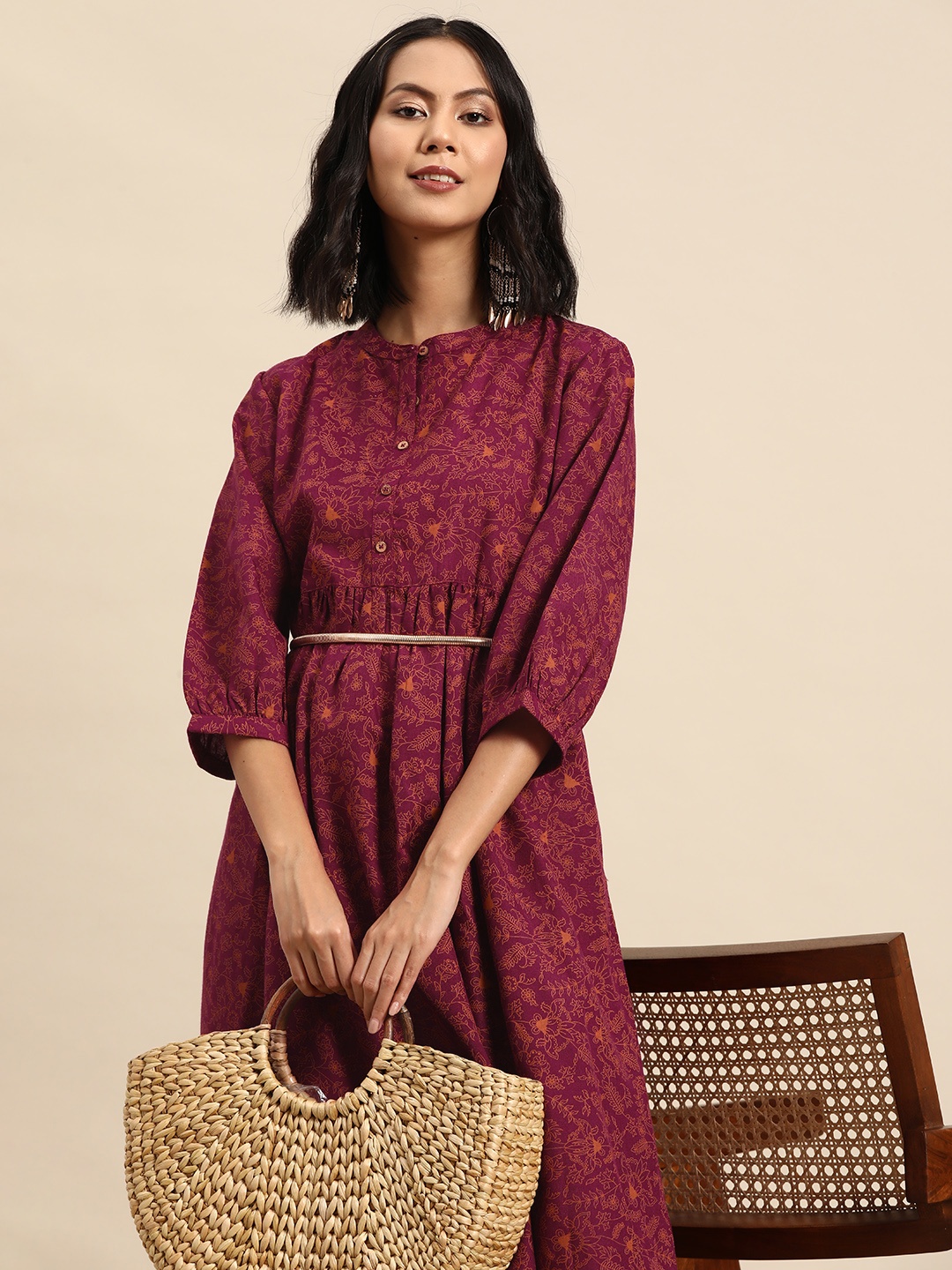 

Sangria Floral Print Empire Dress, Burgundy