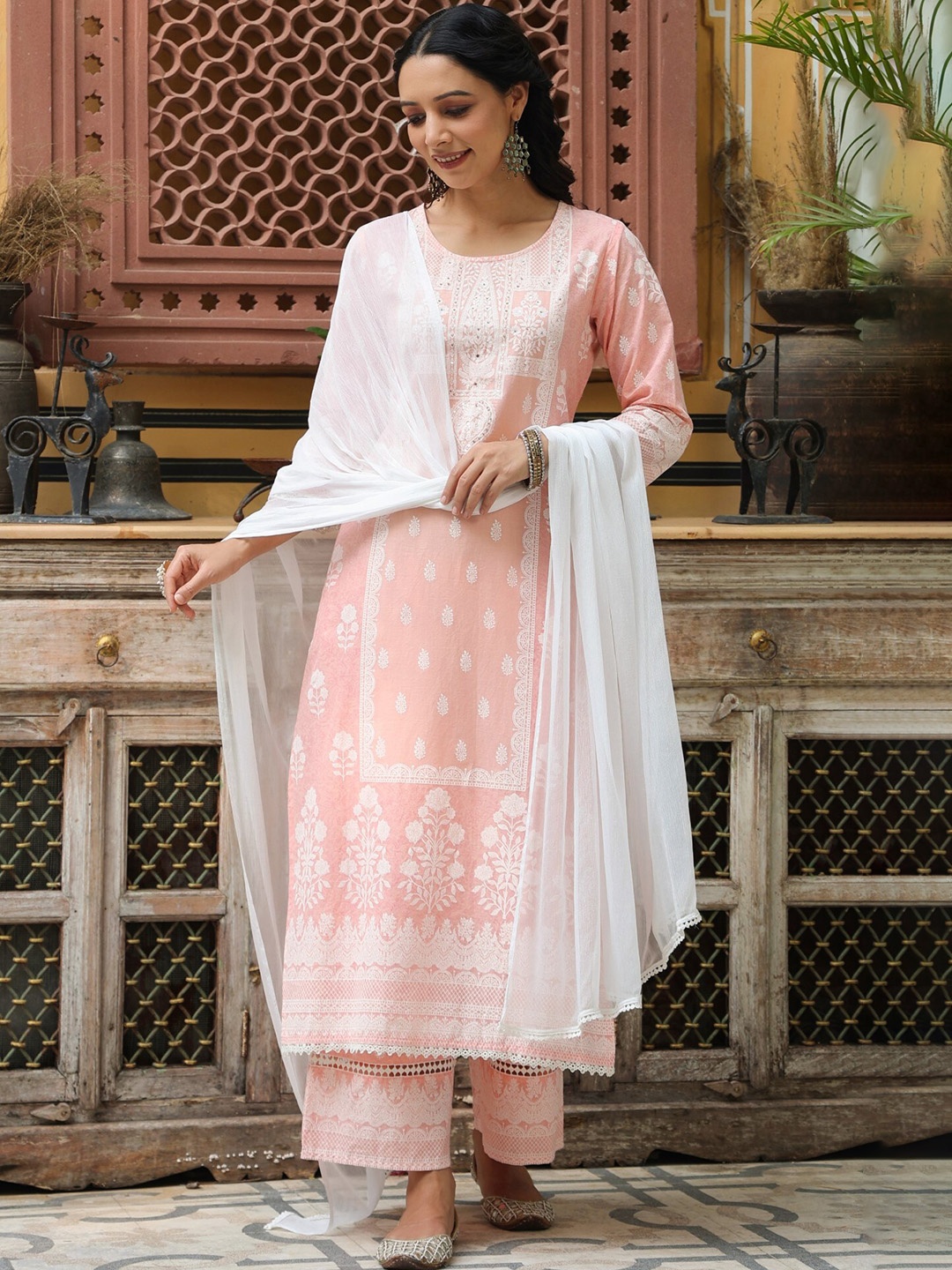 

Juniper Peach-Coloured & White Printed Sequinned Pure Cotton Kurta with Palazzos & Dupatta