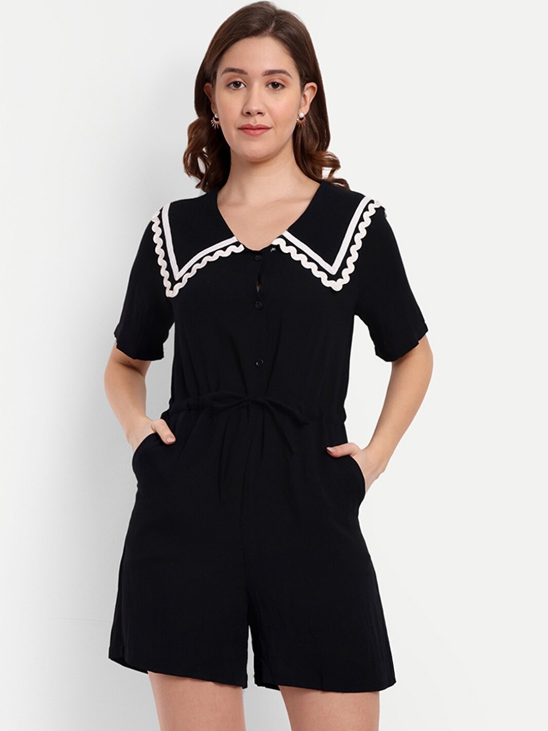 

iki chic Above The Keyboard Collar Playsuit With Tie Ups, Black