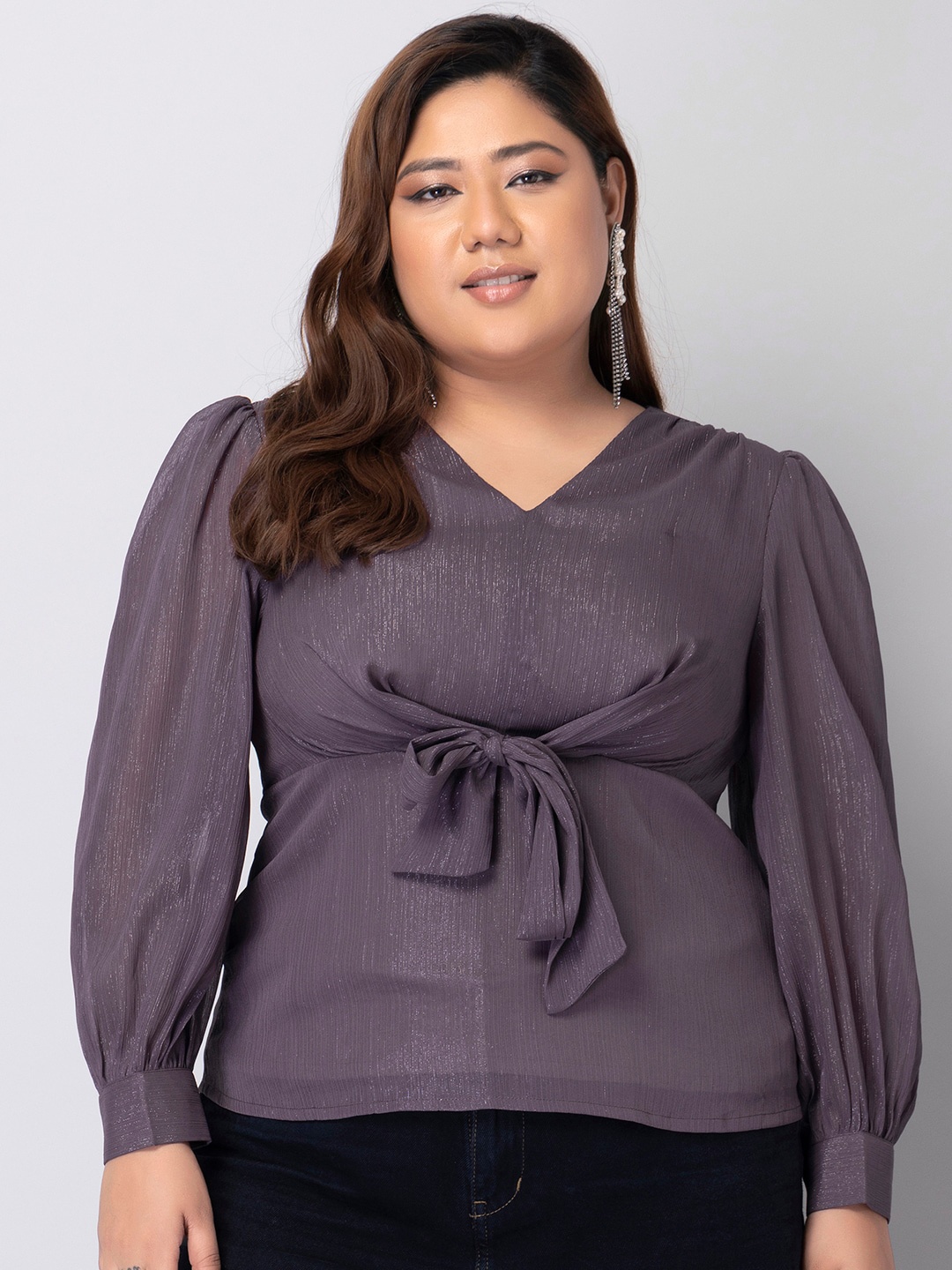 

FabAlley Curve V-Neck Puff Sleeve Top, Purple