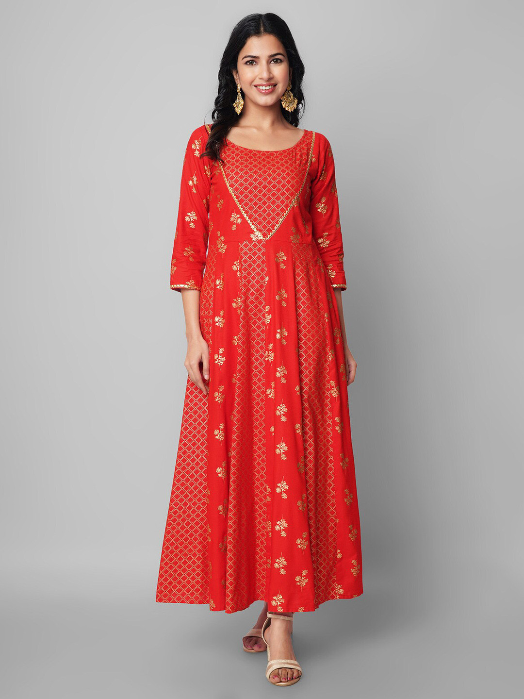 

God Bless Floral Printed Maxi Ethnic Dress, Red