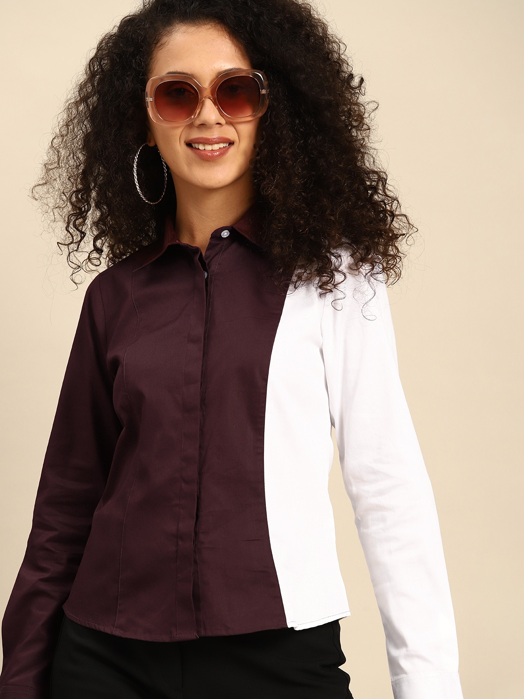 

DENNISON Women Smart Slim Fit Opaque Colourblocked Casual Shirt, Maroon