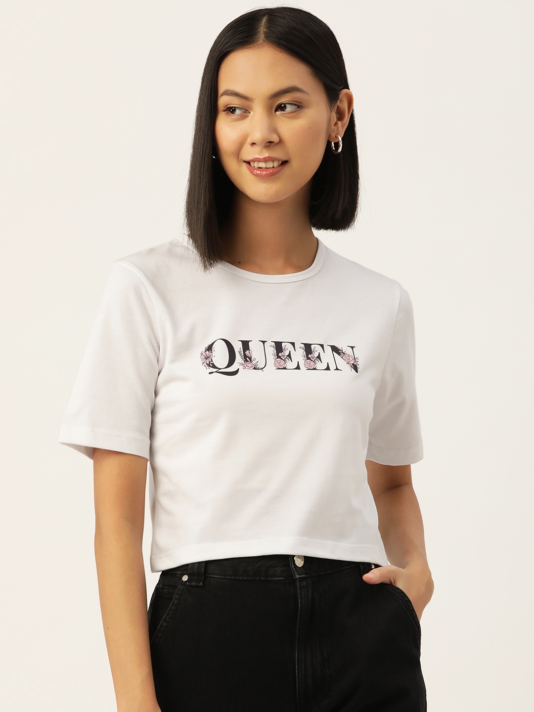 

Slenor Women White Printed Pure Cotton T-shirt