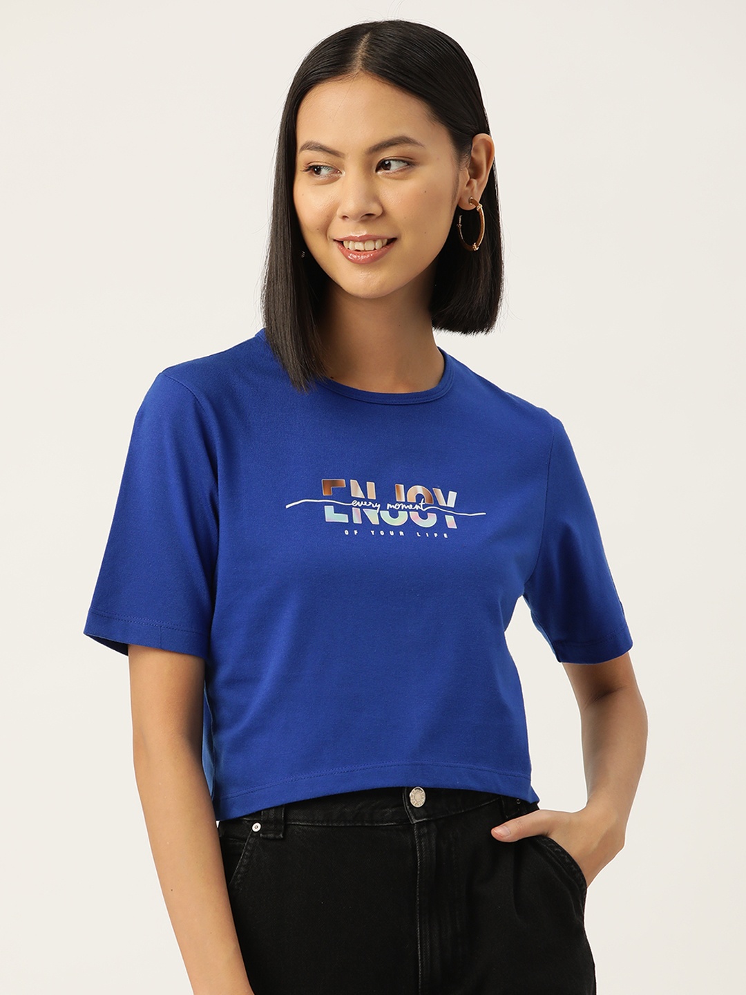 Slenor Women Blue Printed Pure Cotton T-shirt