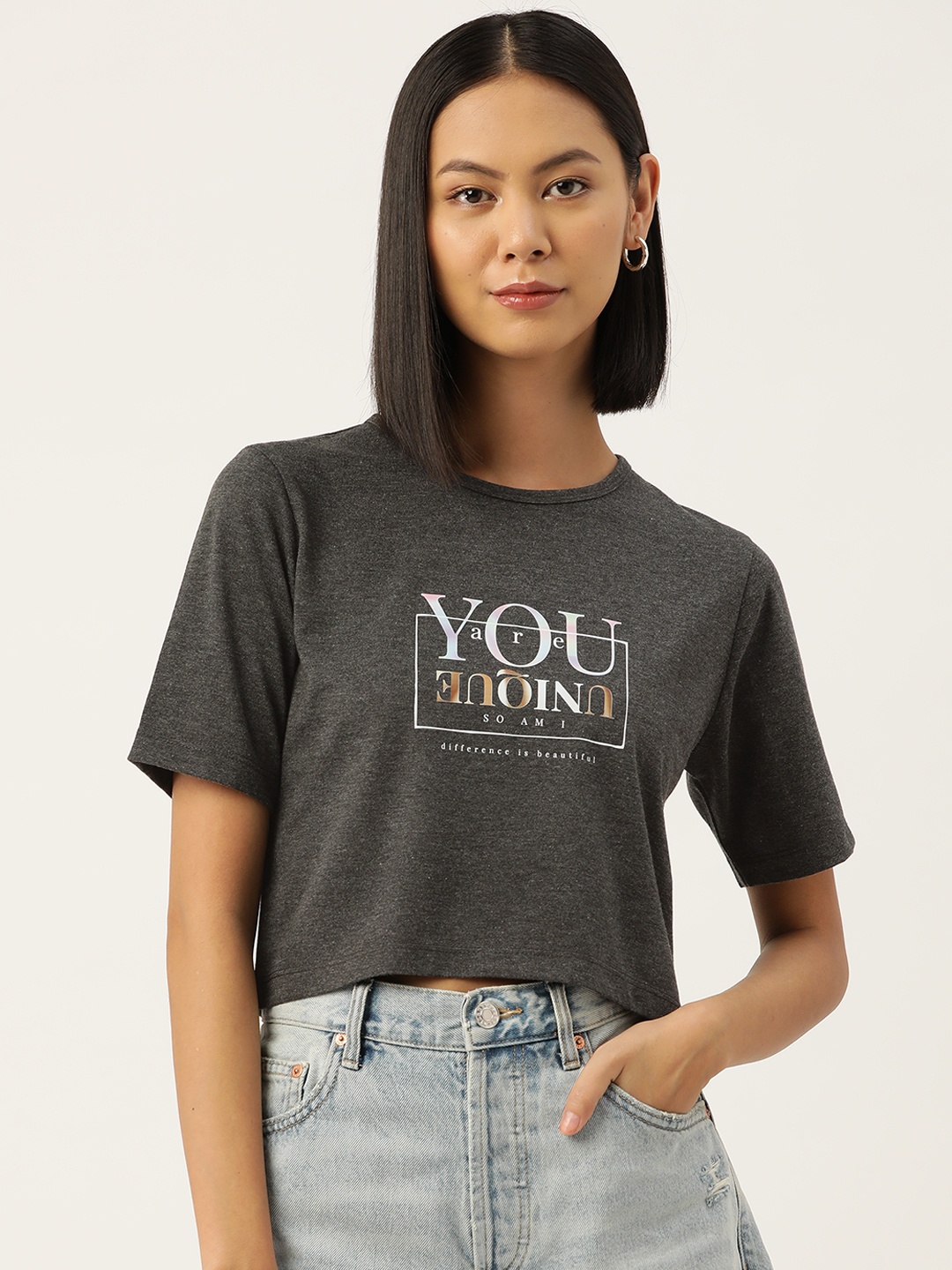 Slenor Women Graphic Printed Pure Cotton Crop T-shirt, Grey melange