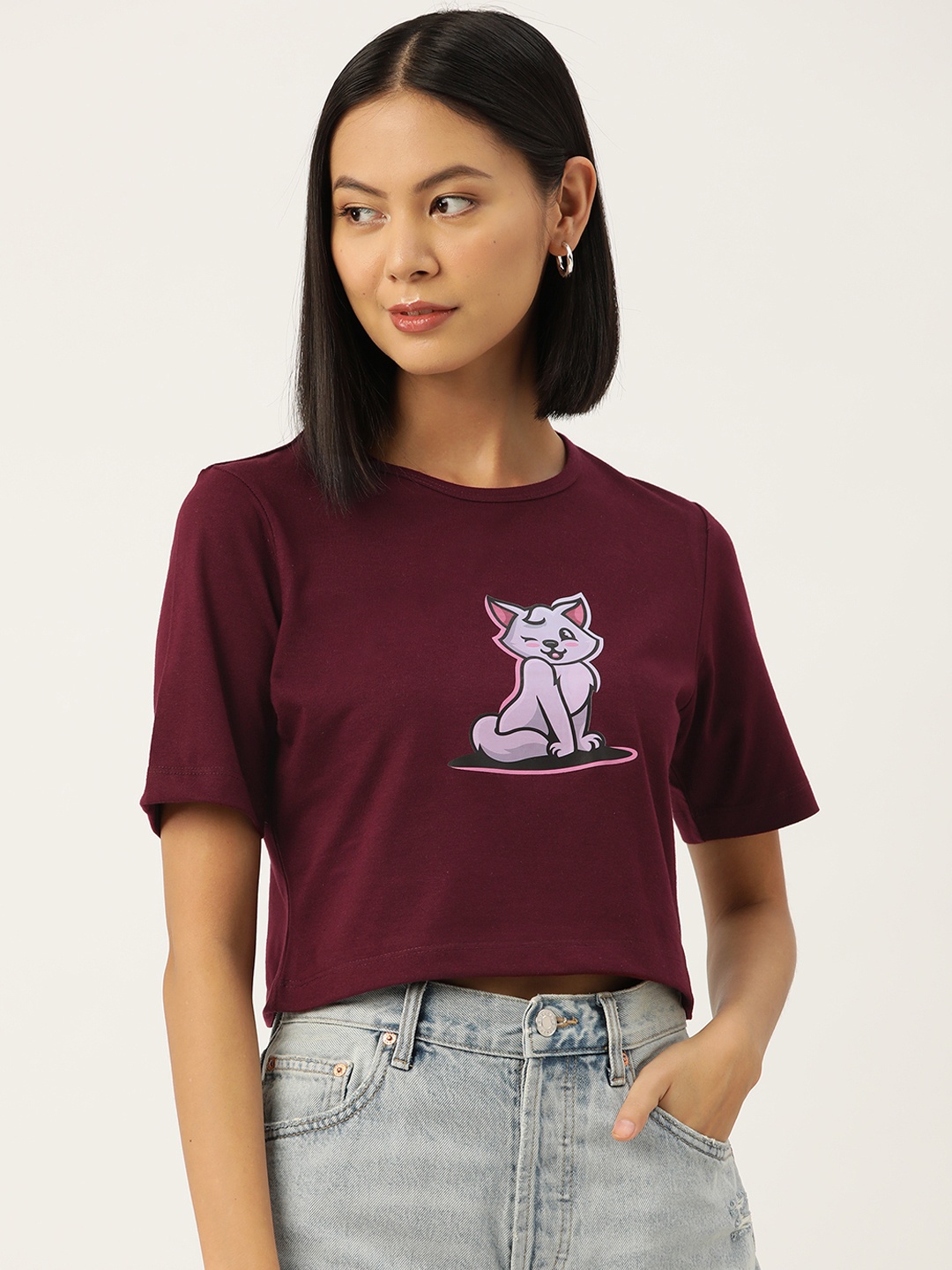

Slenor Women Graphic Printed Pure Cotton Crop T-shirt, Maroon