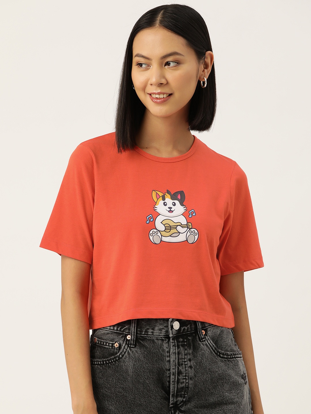 

Slenor Women Graphic Printed Pure Cotton Crop T-shirt, Orange