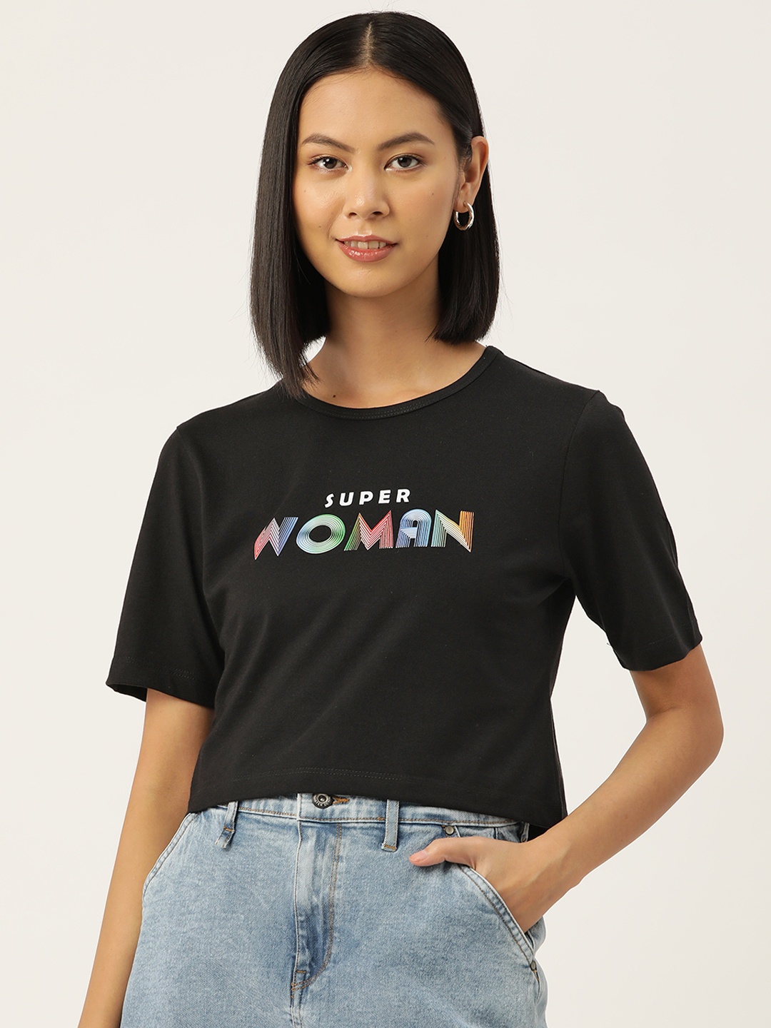 

Slenor Women Graphic Printed Pure Cotton Crop T-shirt, Black