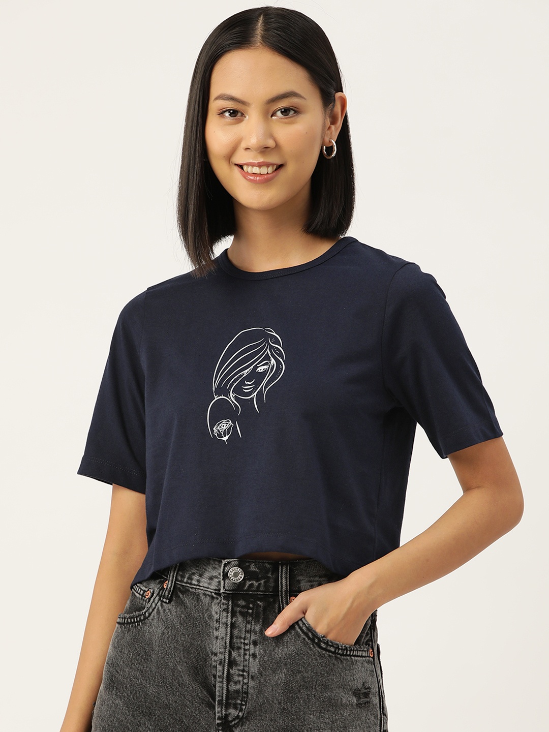 

Slenor Women Graphic Printed Pure Cotton Crop T-shirt, Navy blue