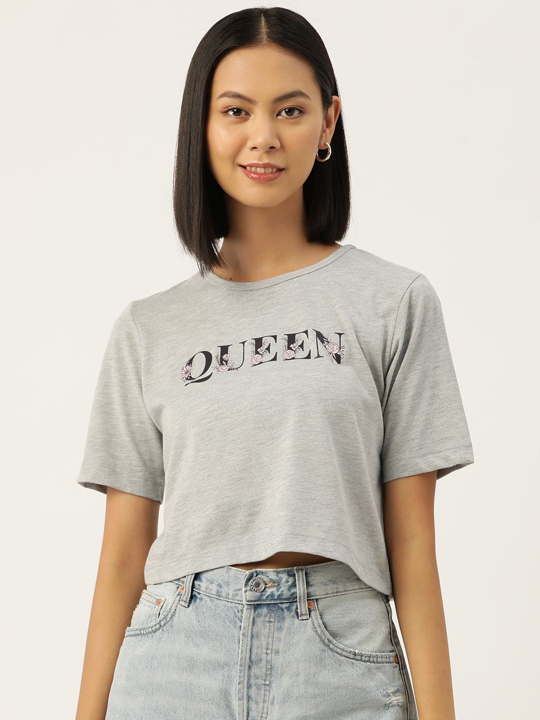 

Slenor Women Graphic Printed Pure Cotton Crop T-shirt, Grey melange