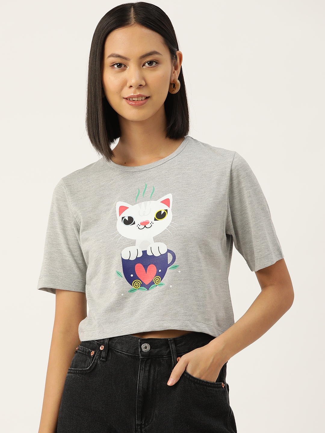 

Slenor Women Graphic Printed Pure Cotton Crop T-shirt, Grey melange