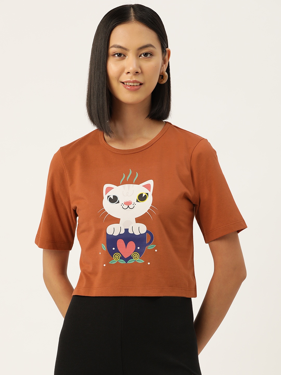 Slenor Women Graphic Printed Pure Cotton Crop T-shirt, Orange