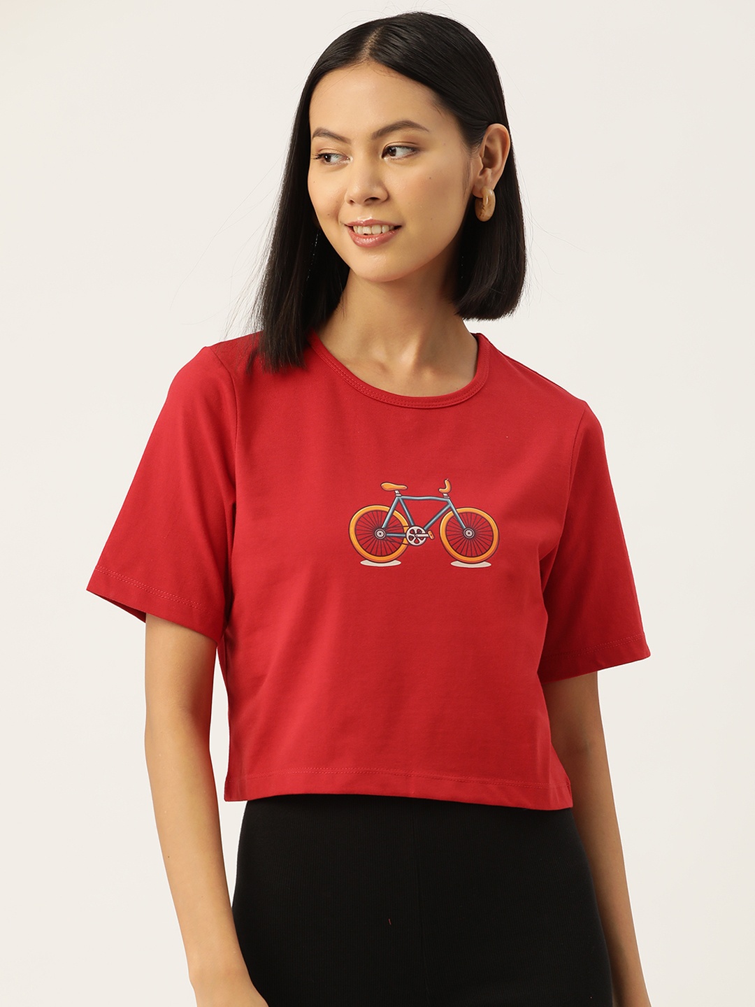 

Slenor Women Graphic Printed Pure Cotton Crop T-shirt, Red