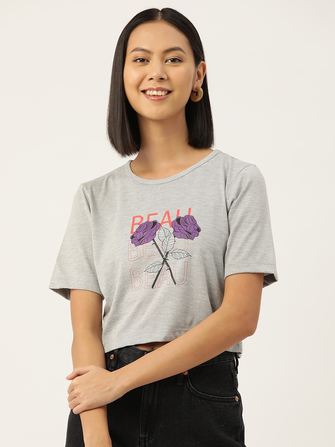 

Slenor Women Graphic Printed Pure Cotton Crop T-shirt, Grey melange