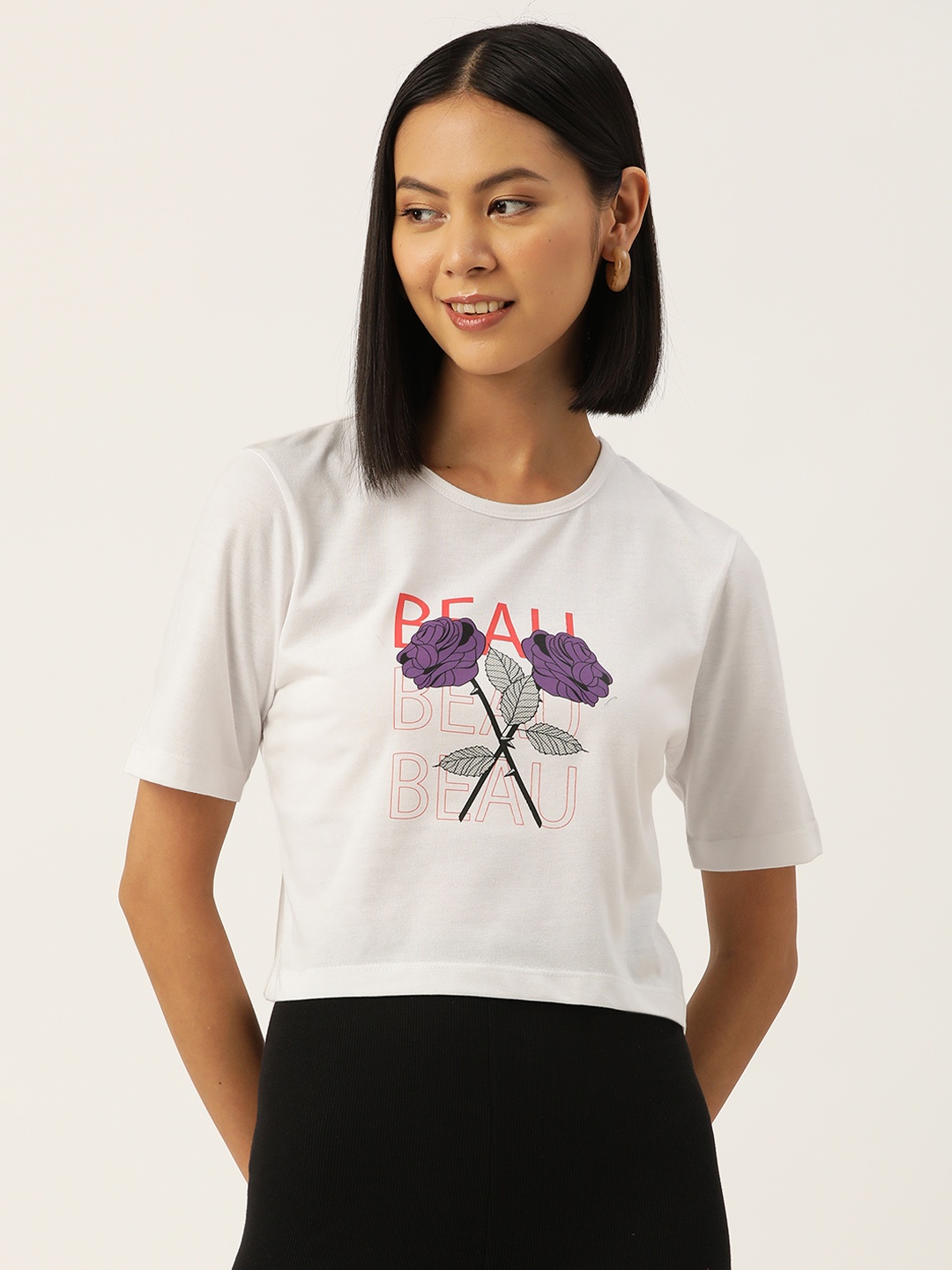 Slenor Women Graphic Printed Pure Cotton Crop T-shirt, White