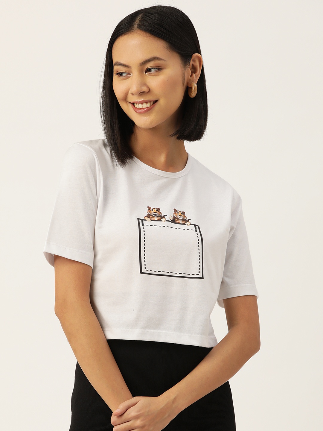 

Slenor Women Graphic Printed Pure Cotton Crop T-shirt, White
