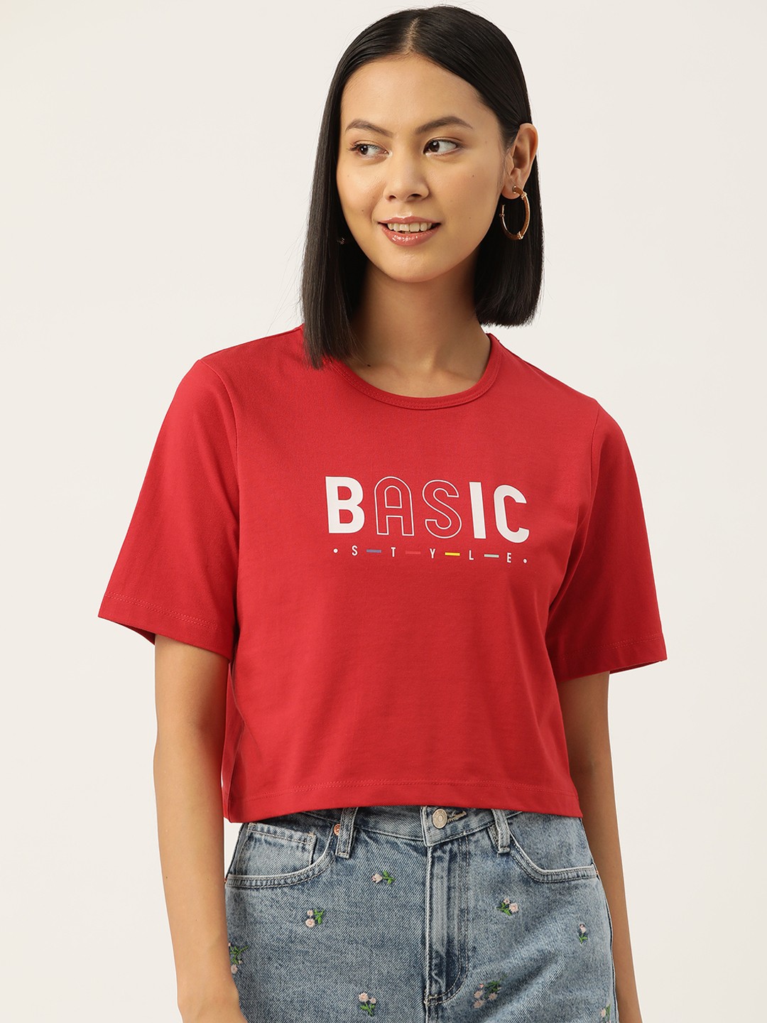 

Slenor Women Graphic Printed Pure Cotton Crop T-shirt, Red