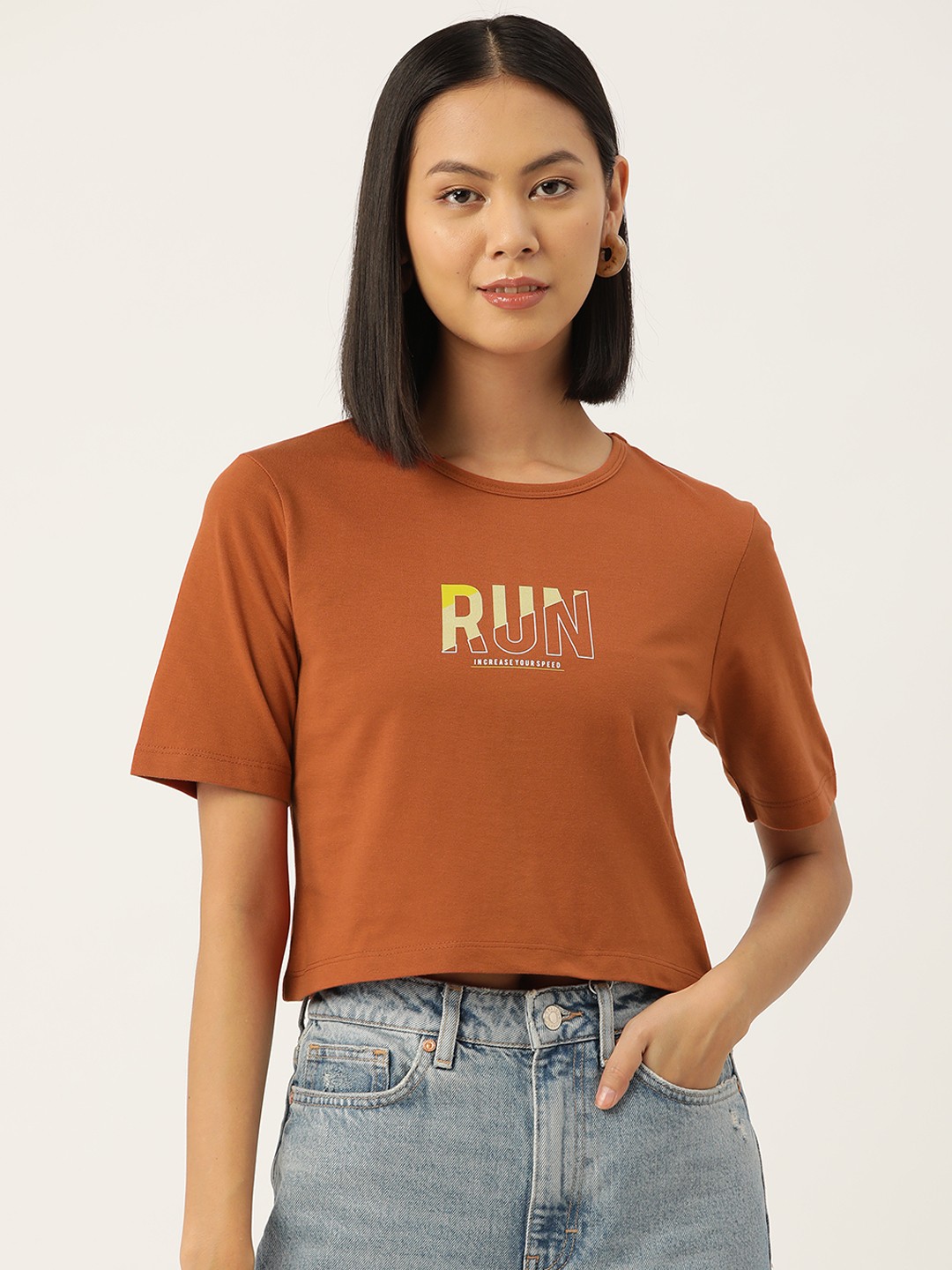 

Slenor Women Graphic Printed Pure Cotton Crop T-shirt, Orange