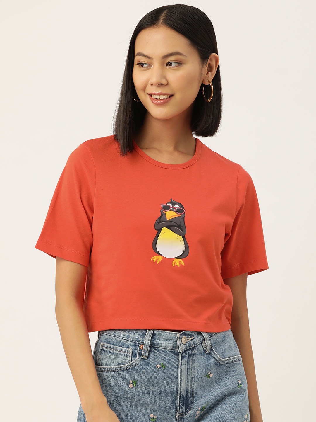 

Slenor Women Graphic Printed Pure Cotton Crop T-shirt, Orange