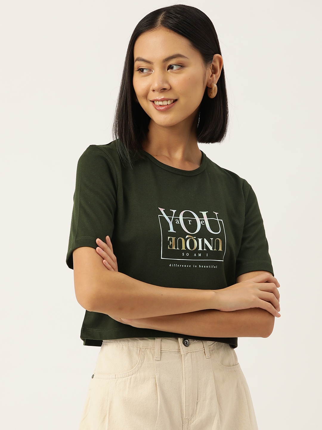 

Slenor Women Graphic Printed Pure Cotton Crop T-shirt, Olive