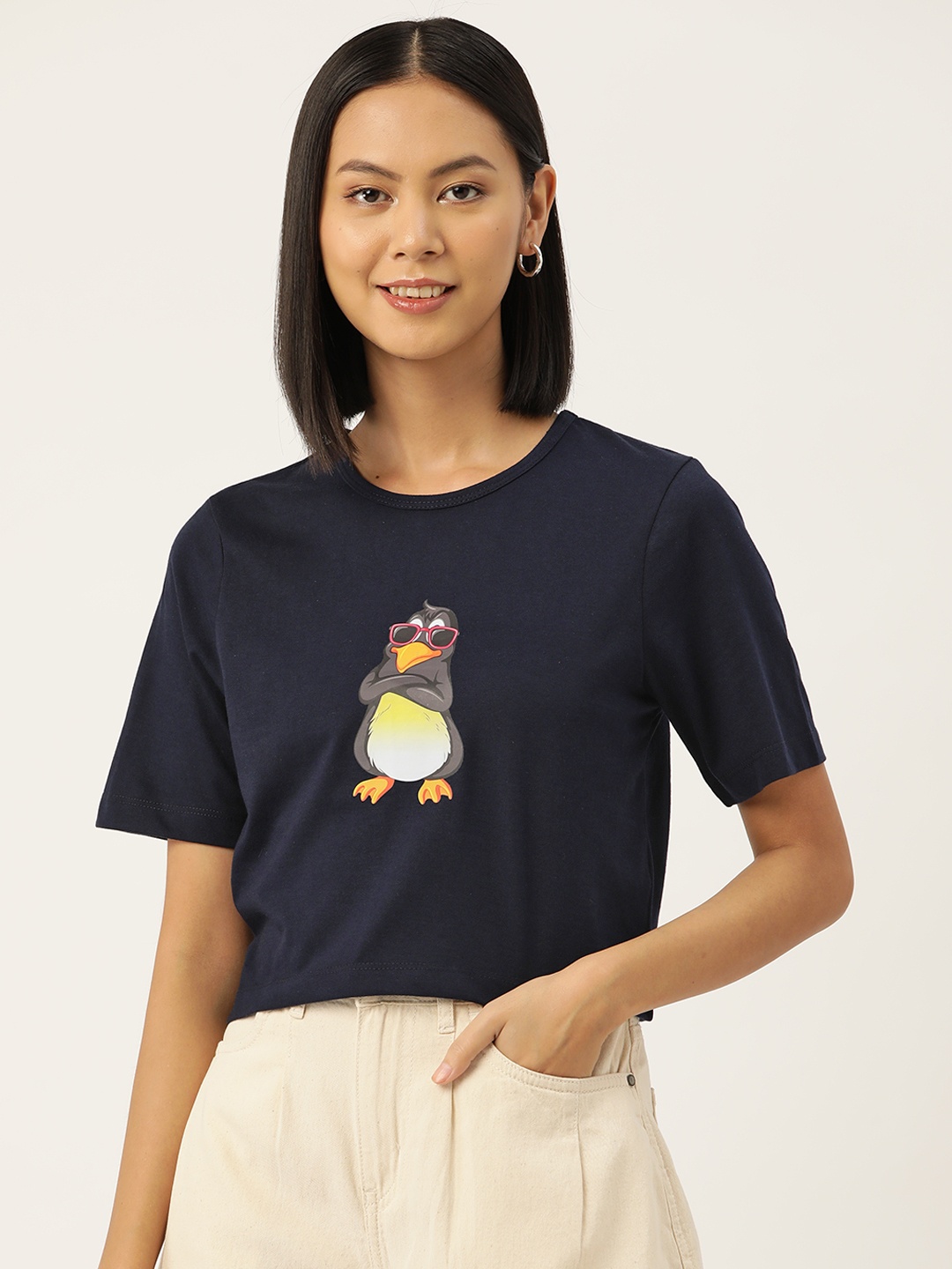 

Slenor Women Graphic Printed Pure Cotton Crop T-shirt, Navy blue