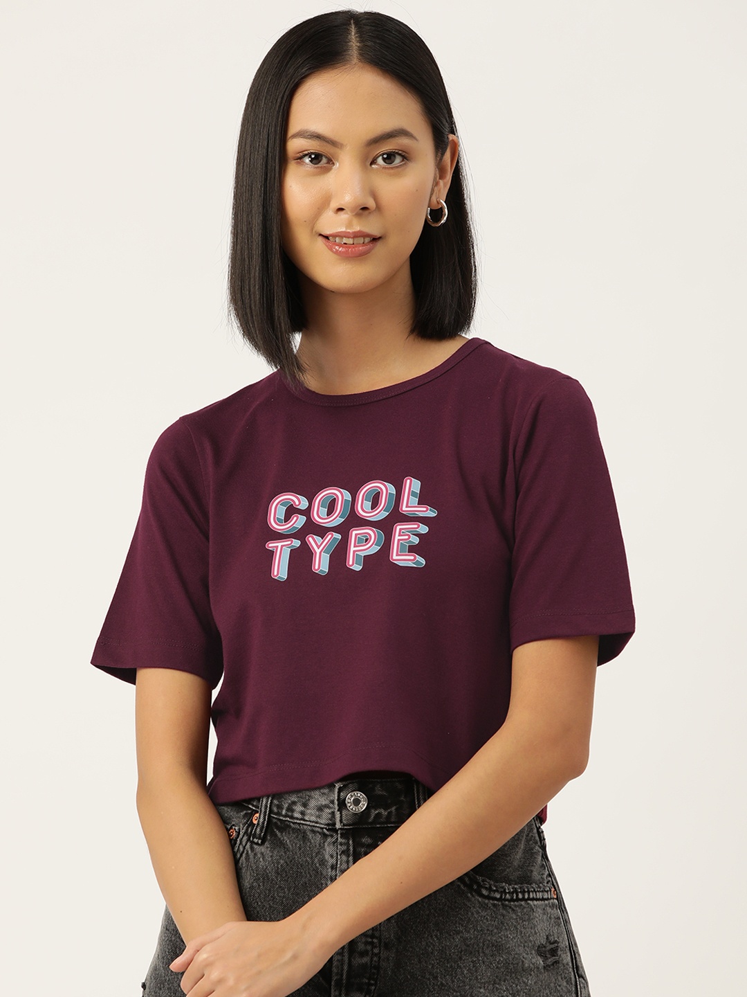 

Slenor Women Graphic Printed Pure Cotton Crop T-shirt, Maroon