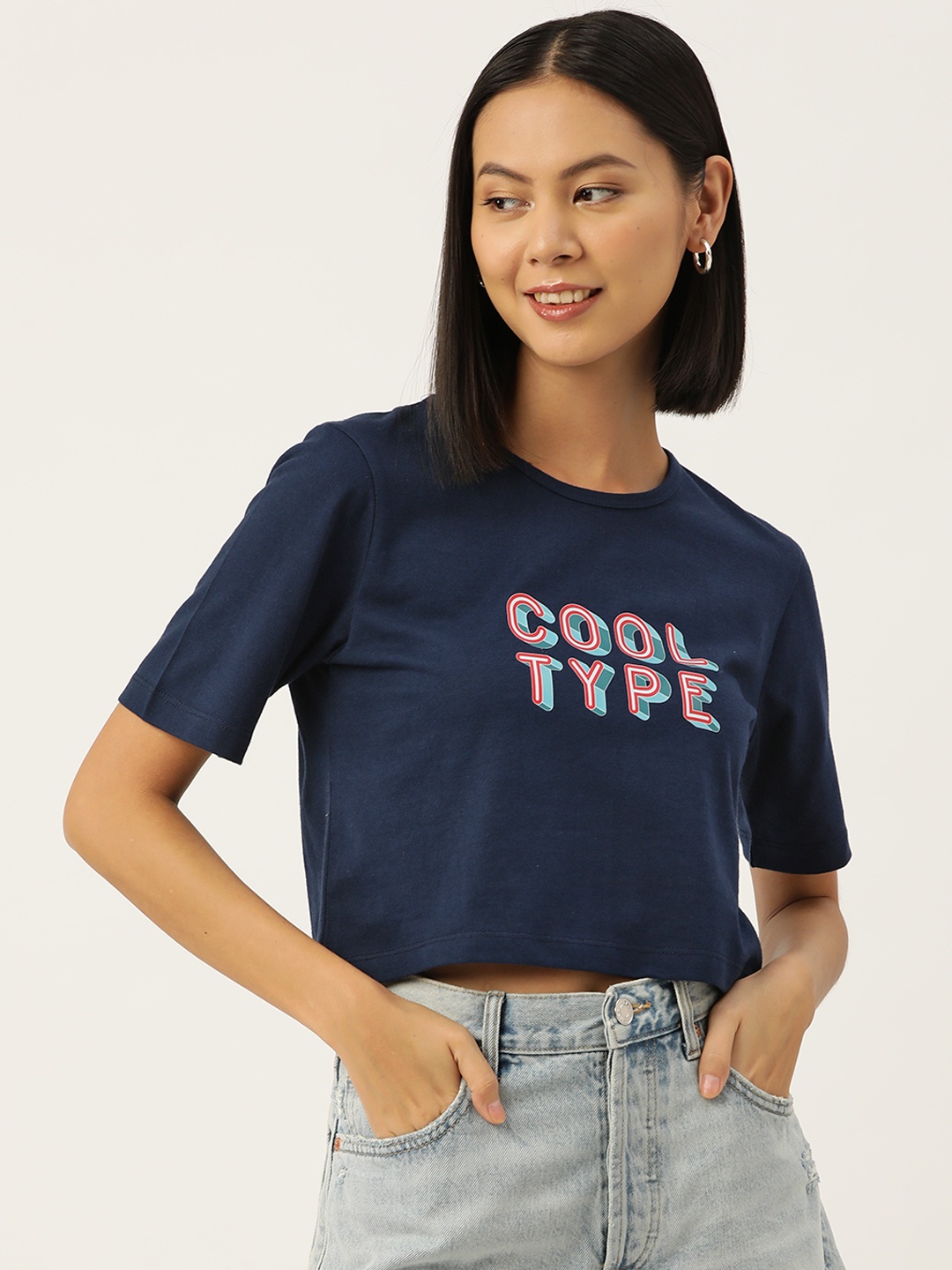 

Slenor Women Graphic Printed Pure Cotton Crop T-shirt, Navy blue