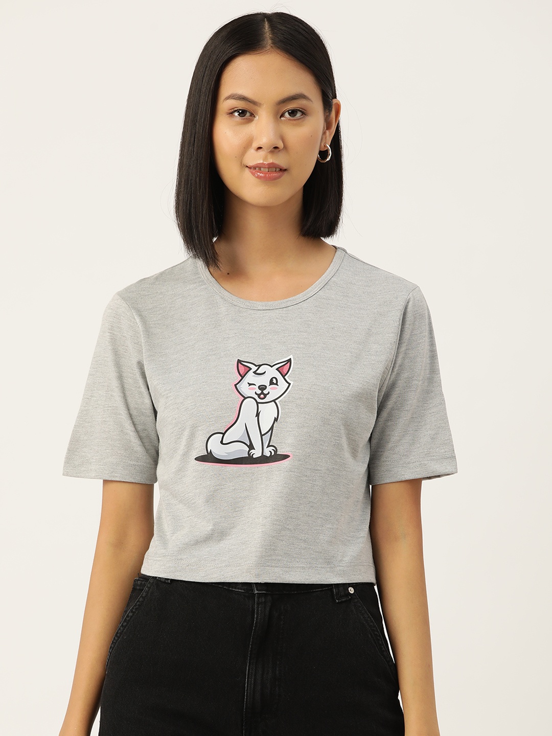 Slenor Women Grey Melange Printed Pure Cotton T-shirt