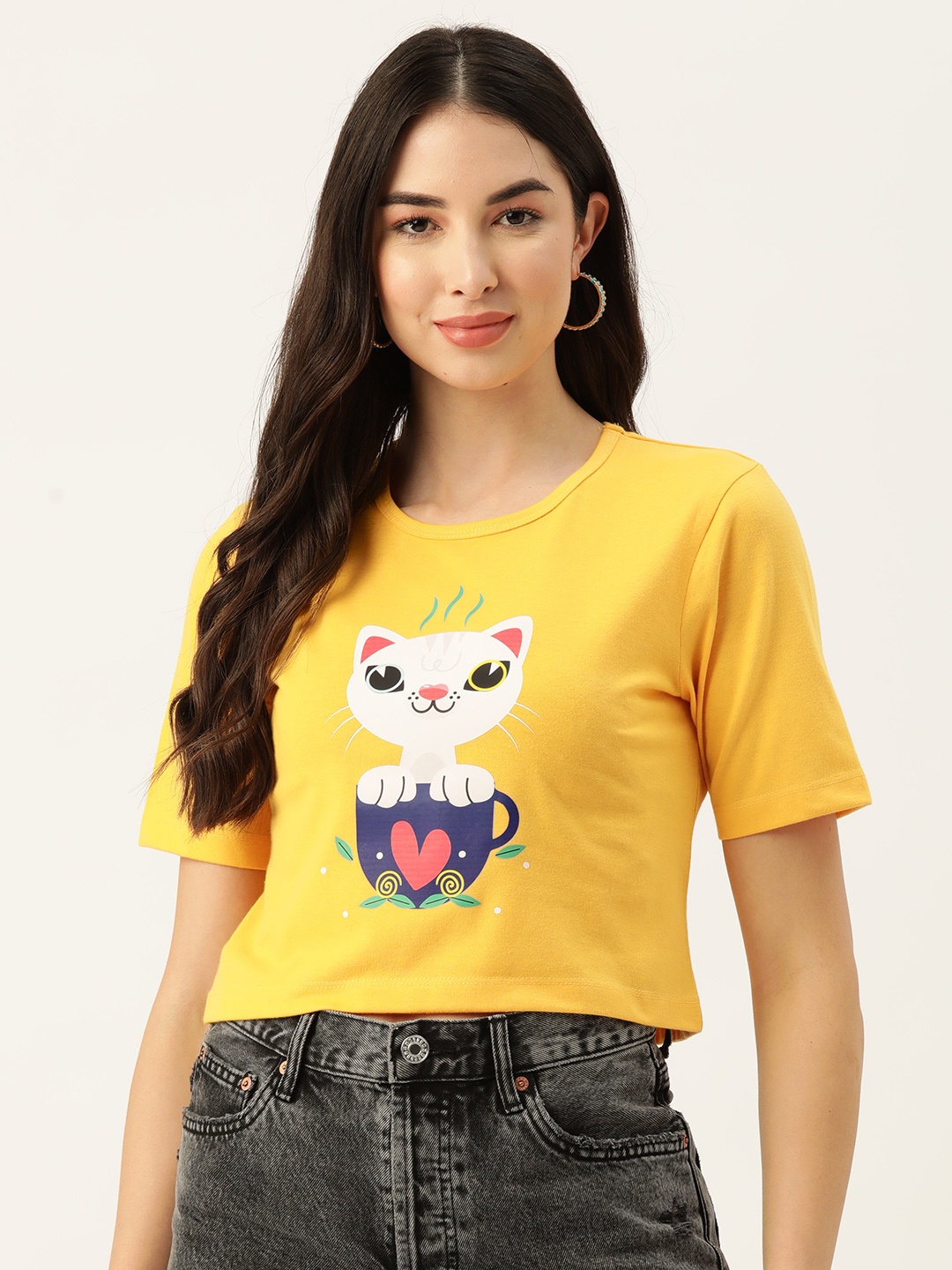 

Slenor Women Yellow Printed Pure Cotton T-shirt